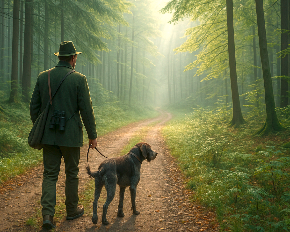 Jäger mit Hut und Fernglas geht mit großem Hund an der Leine auf einem Waldweg im dichten, von Sonnenlicht durchfluteten Wald