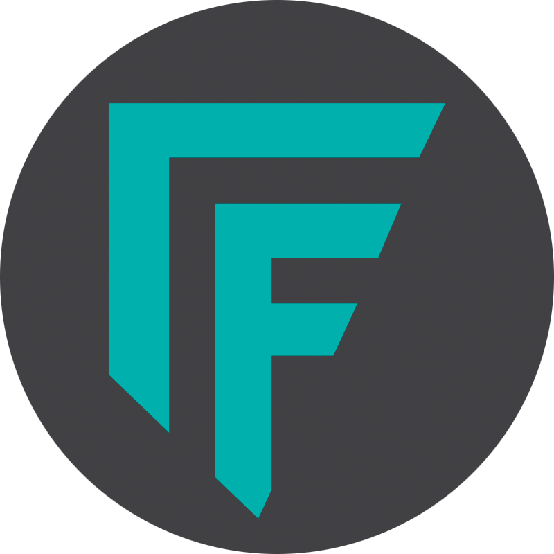 Markenlogo Forgelevel mit einem F auf dunklem Hintergrund in rundem Format